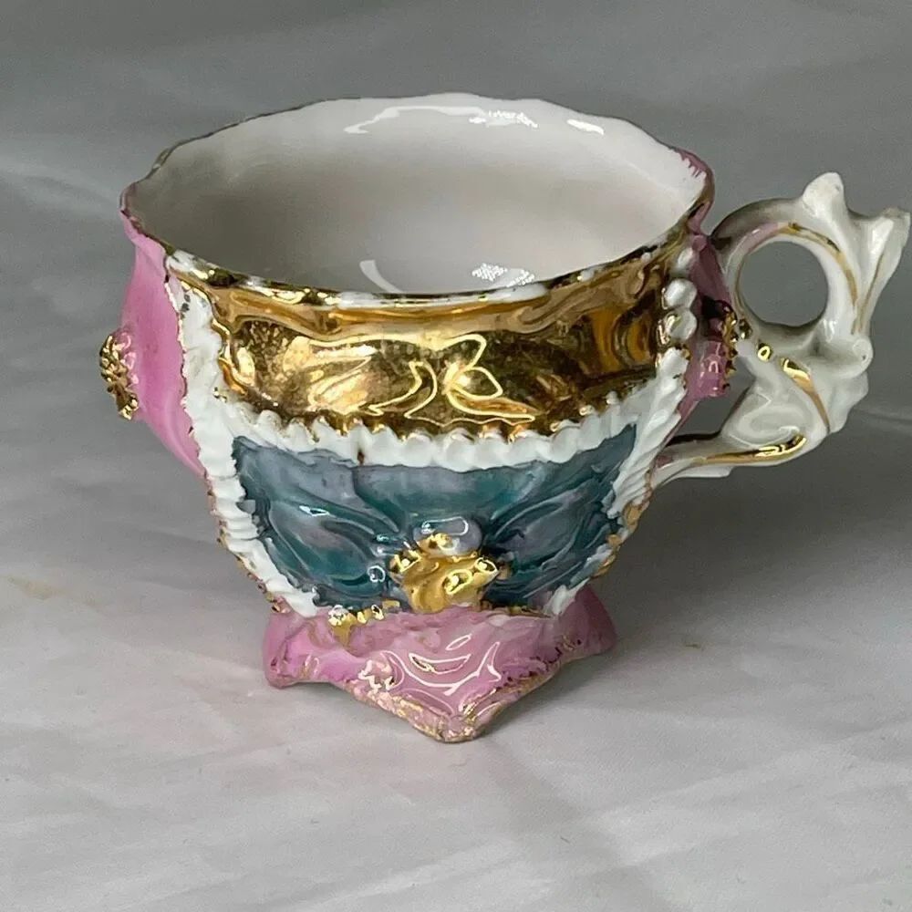Vintage Lusterware Germany teacup raised floral design gilded accents